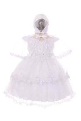 Girls Baptism-Christening Gown Style 031 - WHITE Satin and Organza Dress with Virgin Mary Design