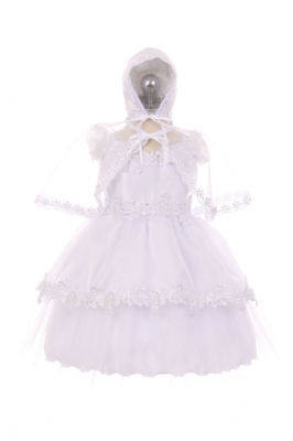Girls Baptism-Christening Gown Style 032 - WHITE Satin and Organza Dress with Virgin Mary Design