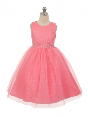 Girls Dress Style 1031 - CORAL Sparkly Tulle Dress with Rhinestone Accents