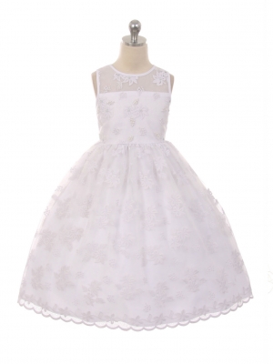 Girls Dress Style 1037 - Lace Dress with Floral and Pearl Accents in Choice of Color
