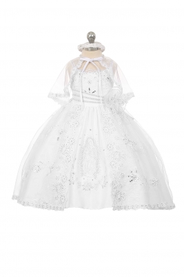 SALE WHITE Satin and Organza Dress with Virgin Mary Design