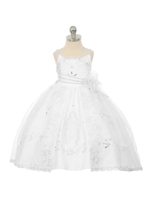 Girls Baptism-Christening Gown Style 409 - WHITE Satin and Organza Dress with Virgin Mary Design