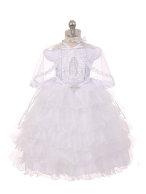 Girls Baptism-Christening Gown Style 411 - WHITE Off the Shoulder Dress with Virgin Mary Design