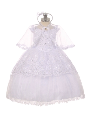 Girls Baptism-Christening Gown Style 412 - WHITE Off the Shoulder Organza Dress with Sequin Accents