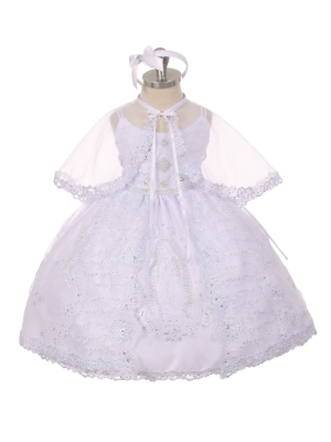 Girls Baptism-Christening Gown Style 414 - WHITE Organza Dress with Embroidered Virgin Mary Design