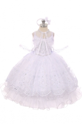 Girls Baptism-Christening Gown Style 415 - WHITE Satin and Organza Dress with Virgin Mary Design