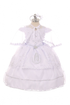 Girls Baptism-Christening Gown Style 416 - WHITE Satin and Organza Dress with Virgin Mary Design