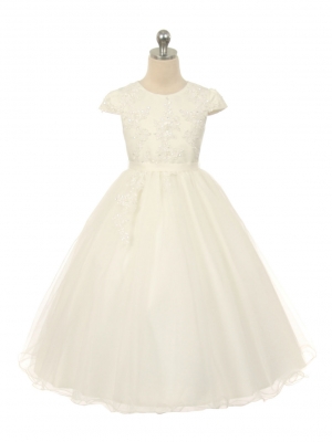 Girls Dress Style 542 - Short Sleeve Sequin and Pearl Tulle Dress in Choice of Color