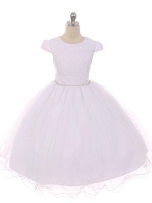 Girls Dress Style 543 - WHITE Cap Sleeve Lace Dress with Rhinestone Accents