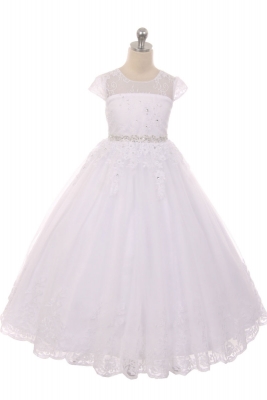 First Holy Communion-Flower Girl Style 548 - WHITE Short Sleeve Beaded and Embroidered Gown