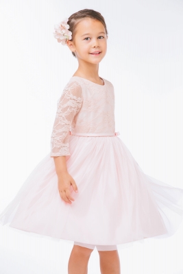 Girls Dress Style 599- Tulle Dress with Lace Bodice in Blush