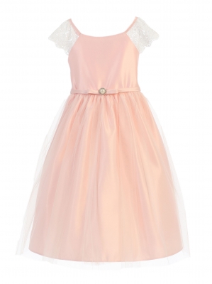 Girls Dress Style 621 - Petal Pink Cap Sleeve Satin and Lace Dress