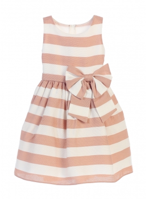 Girls Dress Style 651 - SAND Sleeveless Striped Dress with Waist Bow