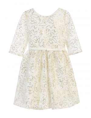 Girls Dress Style 660 - Off White Sequin Lace Dress with Gold Leaf Print