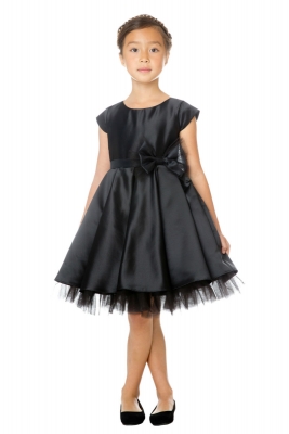 Girls Dress Style 711 - BLACK Cap Sleeved All Satin Dress with Peekaboo Tulle Skirt