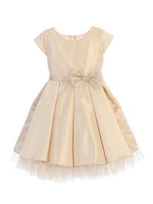 Girls Dress Style 711 - CHAMPAGNE Cap Sleeved All Satin Dress with Peekaboo Tulle Skirt
