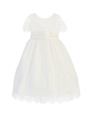 SALE WHITE Short Sleeved French Lace and Dupioni Dress