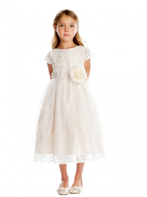 Girls Dress Style 725 - Blush Short Sleeved Rose Lace and Tulle Overlay Dress