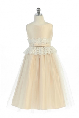Girls Dress Style 732 - Champagne Sleeveless Lace Satin and Tulle Dress