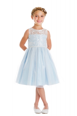 Girls Dress Style 740 - Blue Luxe Embroidered Mesh and Pearl Dress