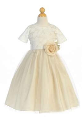Girls Dress Style 742 - CHAMPAGNE Short Sleeved Soft Spring Jasmine Lace Dress