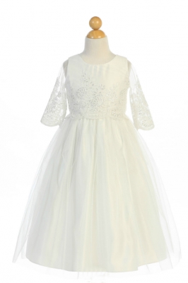 Girls Dress Style 748 - Off White Sequin and Cord Embroidered Dress