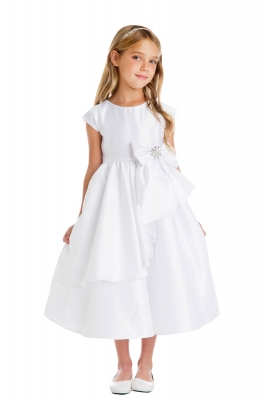 Girls Dress Style 750 - White Short Sleeved Satin Dress with Cascading Skirt