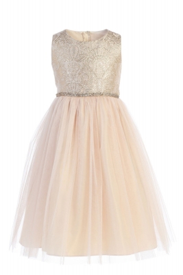 Girls Dress Style 764 - Champagne Brocade and Tulle Dress
