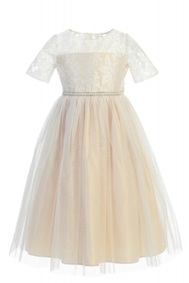 Girls Dress Style 769 - Champagne Embroidered Short Sleeve Dress
