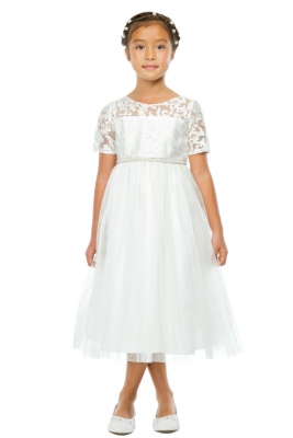 Girls Dress Style 769 - Off White Embroidered Short Sleeve Dress