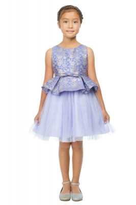 Girls Dress Style 793 - LILAC Floral Metallic Jacquard Peplum with Crystal Tulle Dress