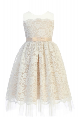 Girls Dress Style 798 - Champagne Scalloped Lace with Peek a Boo Tulle and V- Back Dress