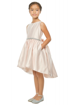Girls Dress Style 801 - Blush High-Low Satin Cocktail Dress with Pockets