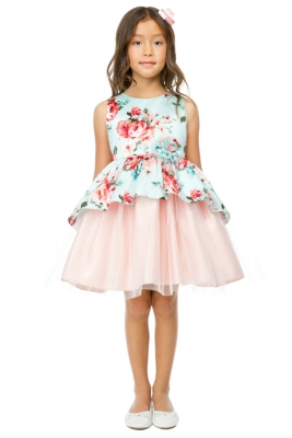 Girls Dress Style 802 - Floral Print and Peplum and Tulle Dress in Mint