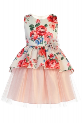 Girls Dress Style 802 - Floral Print and Peplum and Tulle Dress in Off White