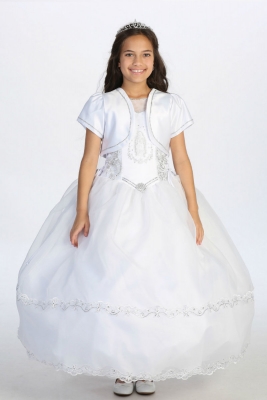 Girls Dress Style 1183 - WHITE Beaded Virgin Mary Gown with Matching Ja