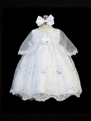 Girls Baptism and Christening Outfit Style 2266- WHITE Sleeveless Satin and Organza Embroidered Dres