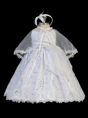 Girls Baptism and Christening Style 2303 - WHITE Satin and Organza Dress with Angel Embroidered Desi