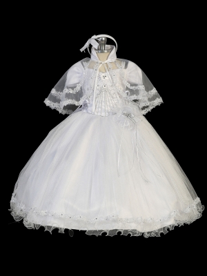 Girls Baptism and Christening Style 2304 - WHITE Satin and Organza Embroidered Dress with Shawl