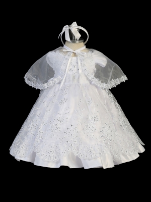 Girls Baptism and Christening Style 2306 - WHITE Satin and Organza Dress with Pleated Waist