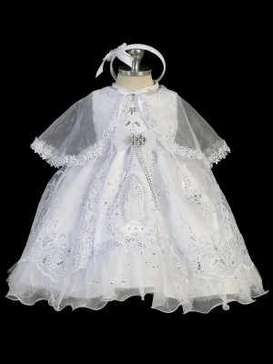 Girls Baptism and Christening Style 2307 - WHITE Satin and Organza Dress with Virgin Mary Embroidery