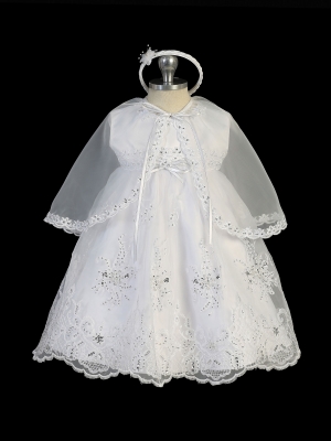 Girls Baptism and Christening Style 2311 - WHITE Satin and Organza Dress with Sequin Accents