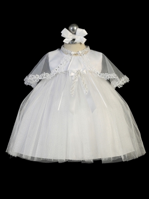 Girls Baptism and Christening Style 2312 - WHITE Satin and Tulle Dress with Pearl