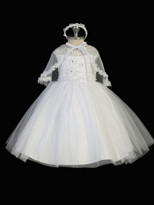 Girls Baptism and Christening Style 2322 - WHITE Embroidered Satin and Tulle Dress with Shawl