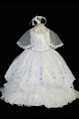 Girls Baptism and Christening Outfit 2332 - WHITE Embroidered Satin and Organza Dress with Cape