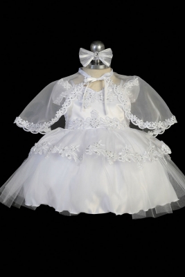 Girls Baptism and Christening Outfit 2334 - WHITE Embroidered Satin and Organza Dress with Cape