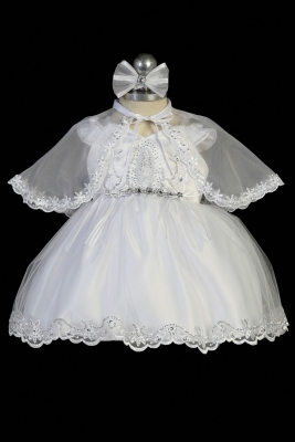 Girls Baptism and Christening Outfit 2335 - WHITE Embroidered Satin and Organza Dress with Cape