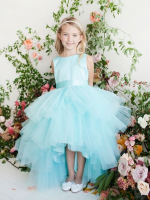 Girls Dress Style 5658 - Satin and Tulle High Low Dress In Aqua
