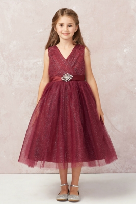 Girls Dress Style 5698 - BURGUNDY Sparkly Tulle Dress with Matching Rhinestone Sash