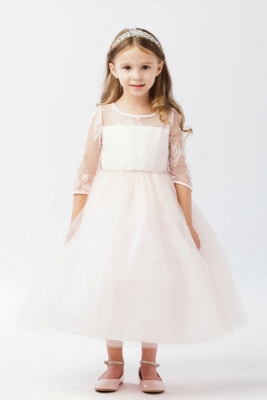 Girls Dress Style 5724- Three Quarter Length Sleeve Lace and Tulle Dress In Blush